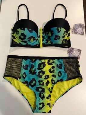 YMI Teal & Yellow Leopard Print High-Waist Bikini Set NWT Size M